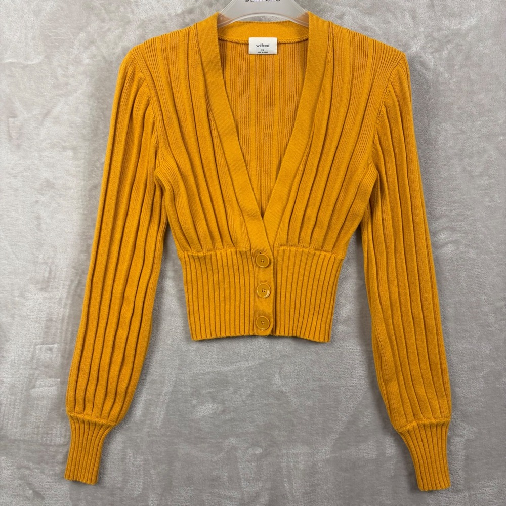 Wilfred Aritzia Thais Yellow Ribbed Knit Cropped V Neck Cardigan Sweater XS